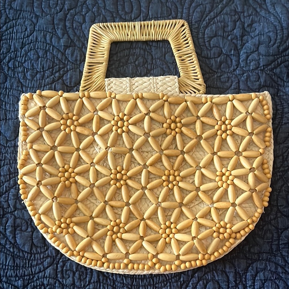 a new day Natural Woven Bead Floral Half-Moon Clutch